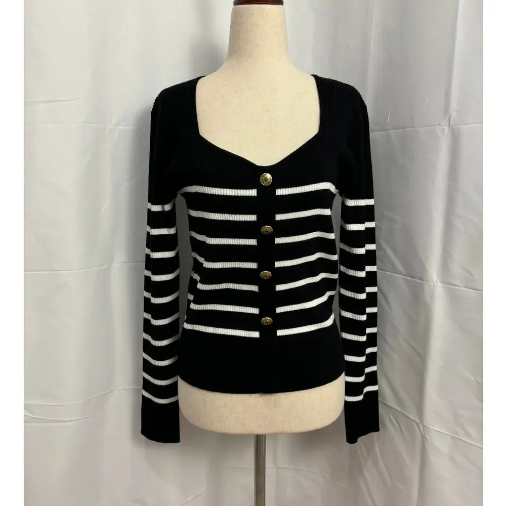 NWOT Tahari Black and White Strip Sweetheart Neck Sweater - Picture 1 of 6